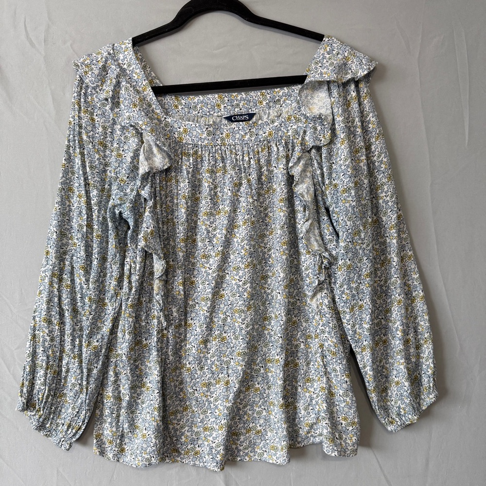 Chaps Womens Floral Ruffle Front Blouse Size M Square Neck Cottagecore Spring